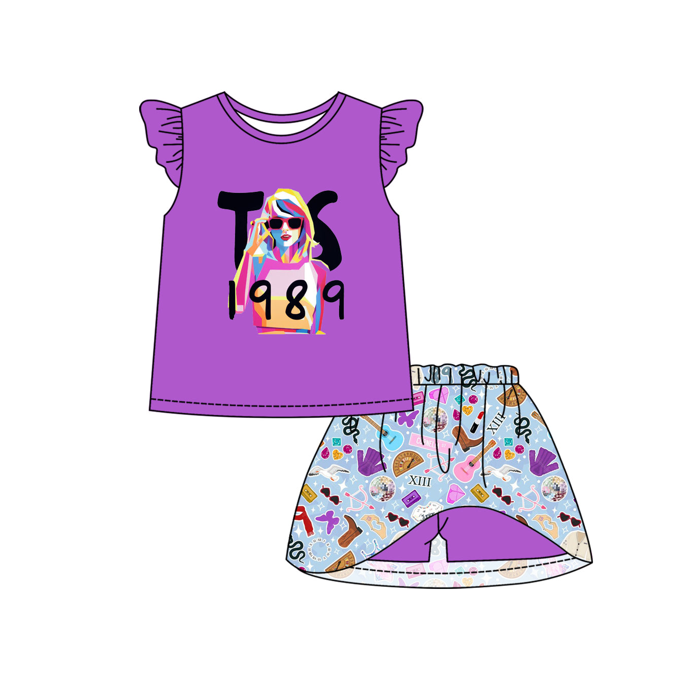 12.10(Custom Design Preorder MOQ 5) Singer Swiftie Purple Top Skirts Shorts Girls Summer Clothes Set