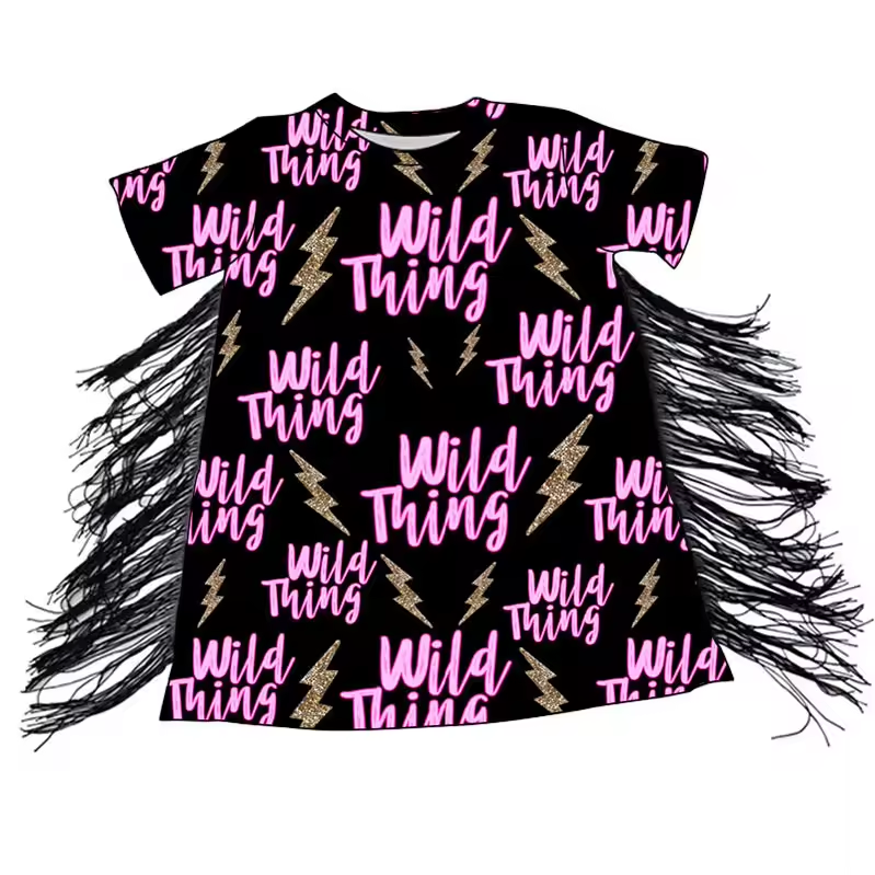 (Custom Design Preorder MOQ 5) Wild Thing Flash Print Tassels Girls Knee Length Western Summer Dress