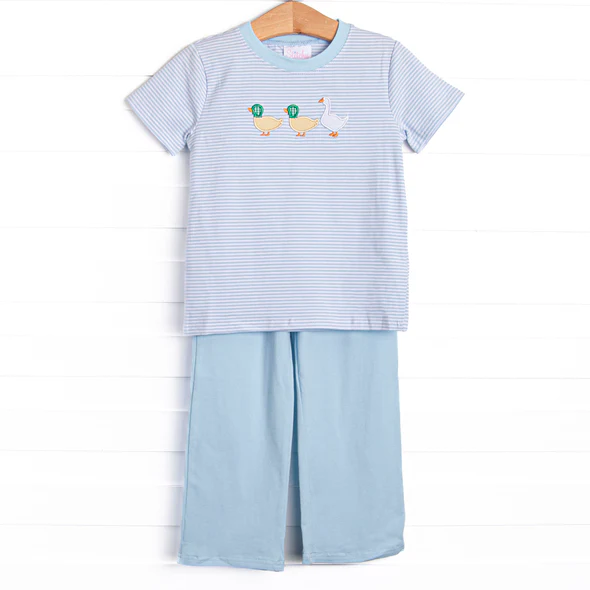 (Custom Design Preorder MOQ 5) Duck Stripes Top Blue Pants Boys Clothes Set