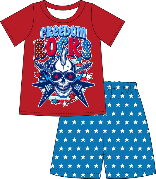 (Custom Design Preorder MOQ 5)  Rocks Stars Print Boys 4th of July Clothes Set