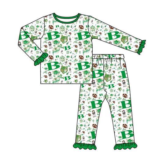 (Custom Design Preorder MOQ 5) Team's Green Print Girls Pajamas Clothes Set