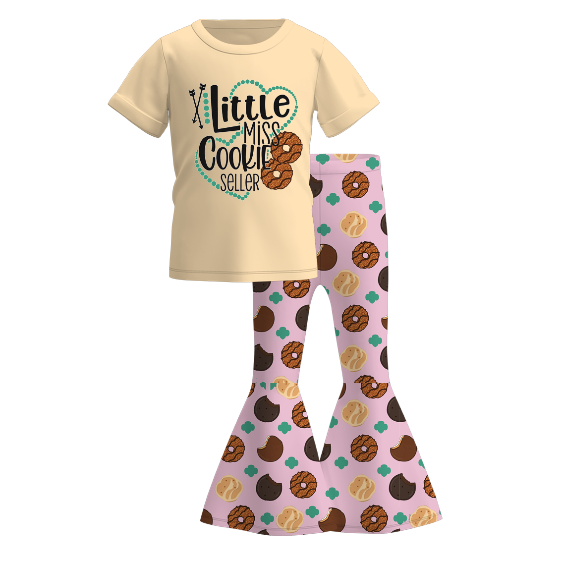 (Custom Design Preorder MOQ 5) Little Seller Top Cookie Bell Pants Girls Clothes Set