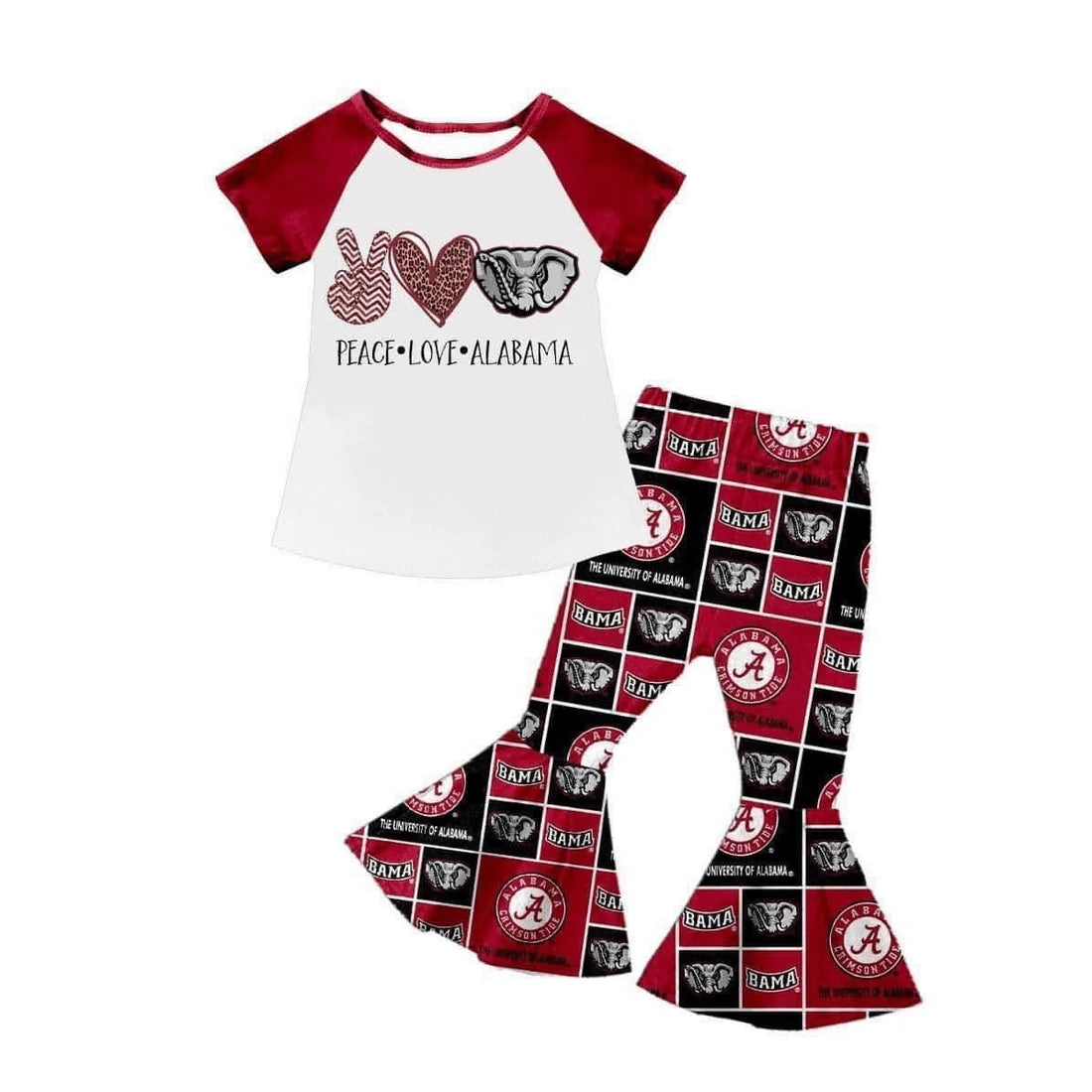 (Custom Design Preorder MOQ 5)  Team's Alabama Print Plaid Bell Pants Girls Clothes Set