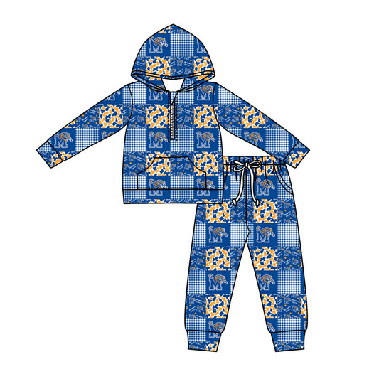 (Custom Design Preorder MOQ 5) Team's Memphis Tigers Plaid Print Zipper Hoodie Top Pockets Pants Kids Fall Clothes Set