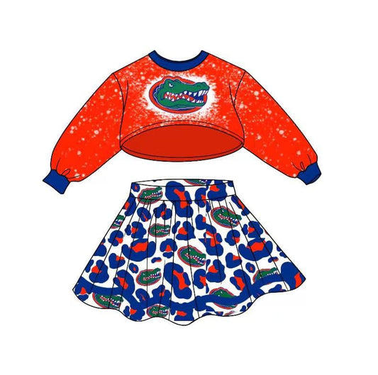 (Custom Design MOQ 5) Orange Long Sleeve Top Leopard Skirts Girls Football Team's Clothes Set