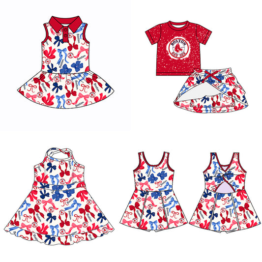 (Custom Design Preorder MOQ 5 Each Color) Team's Boston Bows Print Girls Summer Clothes Sisters Matching Wear