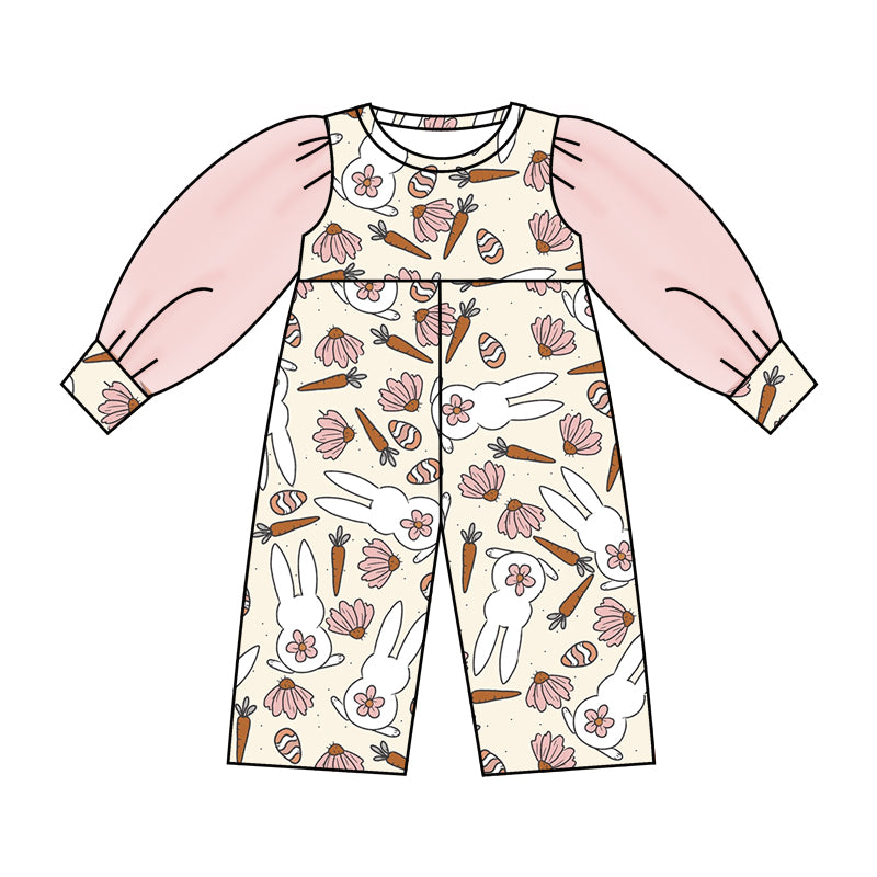 (Custom Design Preorder MOQ 5) NO.10 Bunny Flowers Carrot Print Tulle Sleeve Girls Easter Jumpsuit