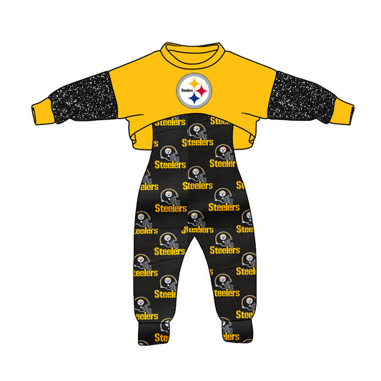 (Custom Design MOQ 5) NO.11 Black Yellow Football Team's Girls Jumpsuits Clothes Set