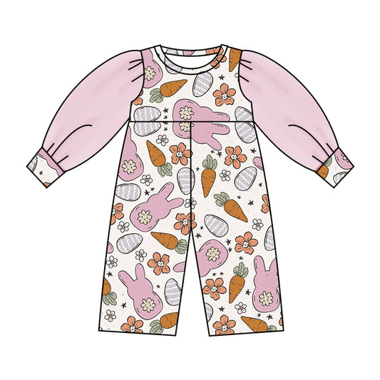 (Custom Design Preorder MOQ 5) NO.11 Bunny Flowers Carrot Egg Print Tulle Sleeve Girls Easter Jumpsuit