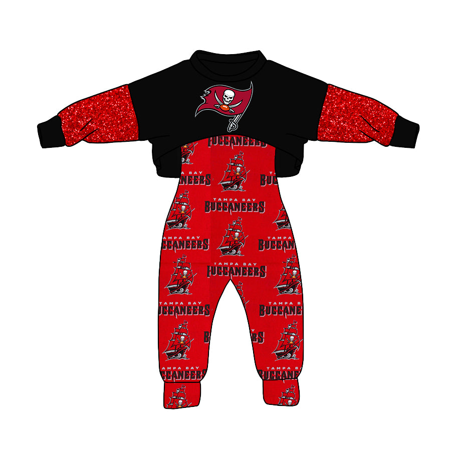 (Custom Design MOQ 5) NO.12 Black Red Football Team's Girls Jumpsuits Clothes Set