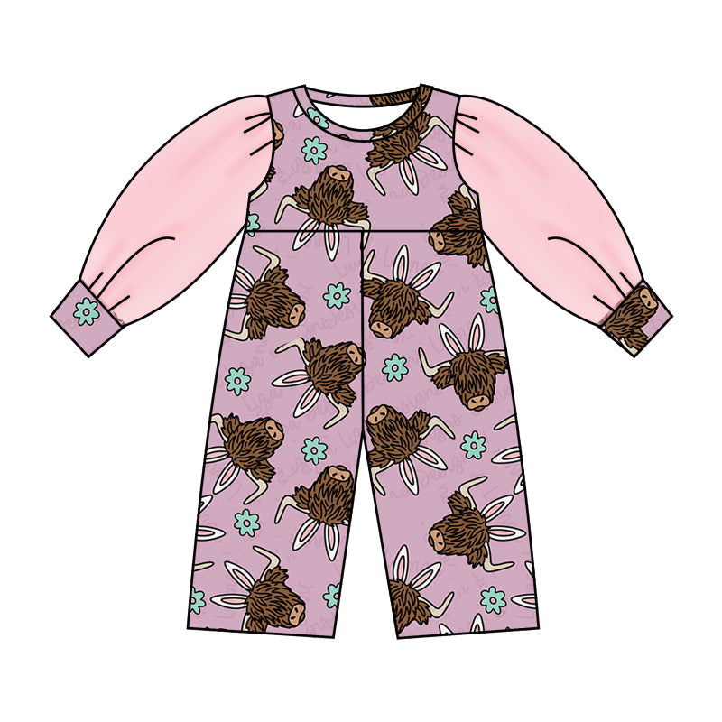 (Custom Design Preorder MOQ 5) NO.12 Highland Cow Rabbit Print Tulle Sleeve Girls Easter Jumpsuit