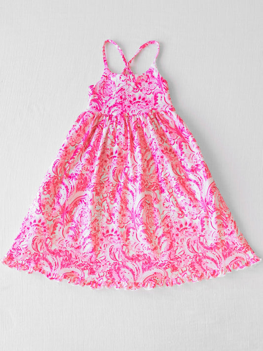 NO.13 (Custom Design Preorder MOQ 5) Hot Pink Flowers Print Girls Ankle Length Summer Dress