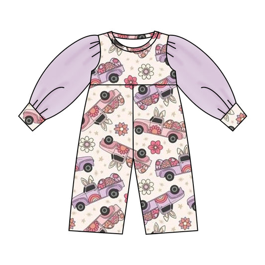 (Custom Design Preorder MOQ 5) NO.13 Rabbit Truck Flowers Print Tulle Sleeve Girls Easter Jumpsuit