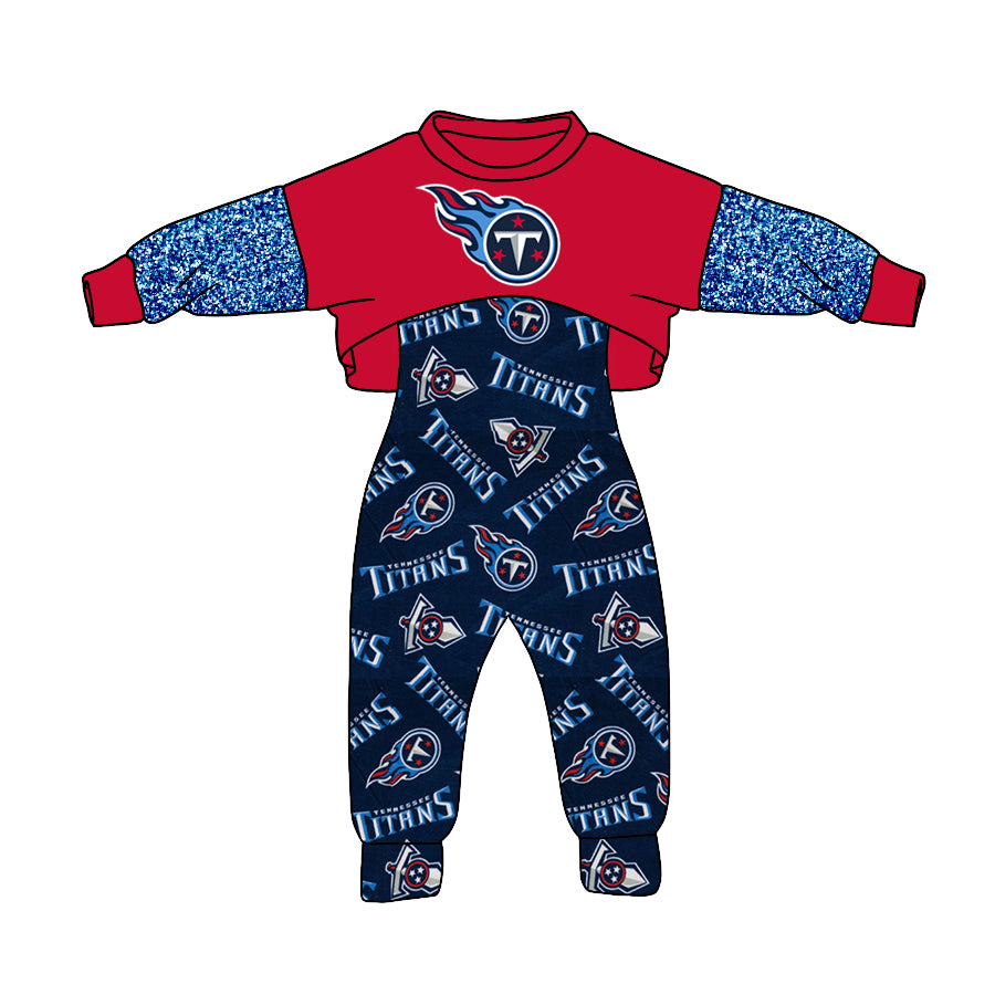 (Custom Design MOQ 5) NO.13 Navy Red Football Team's Girls Jumpsuits Clothes Set