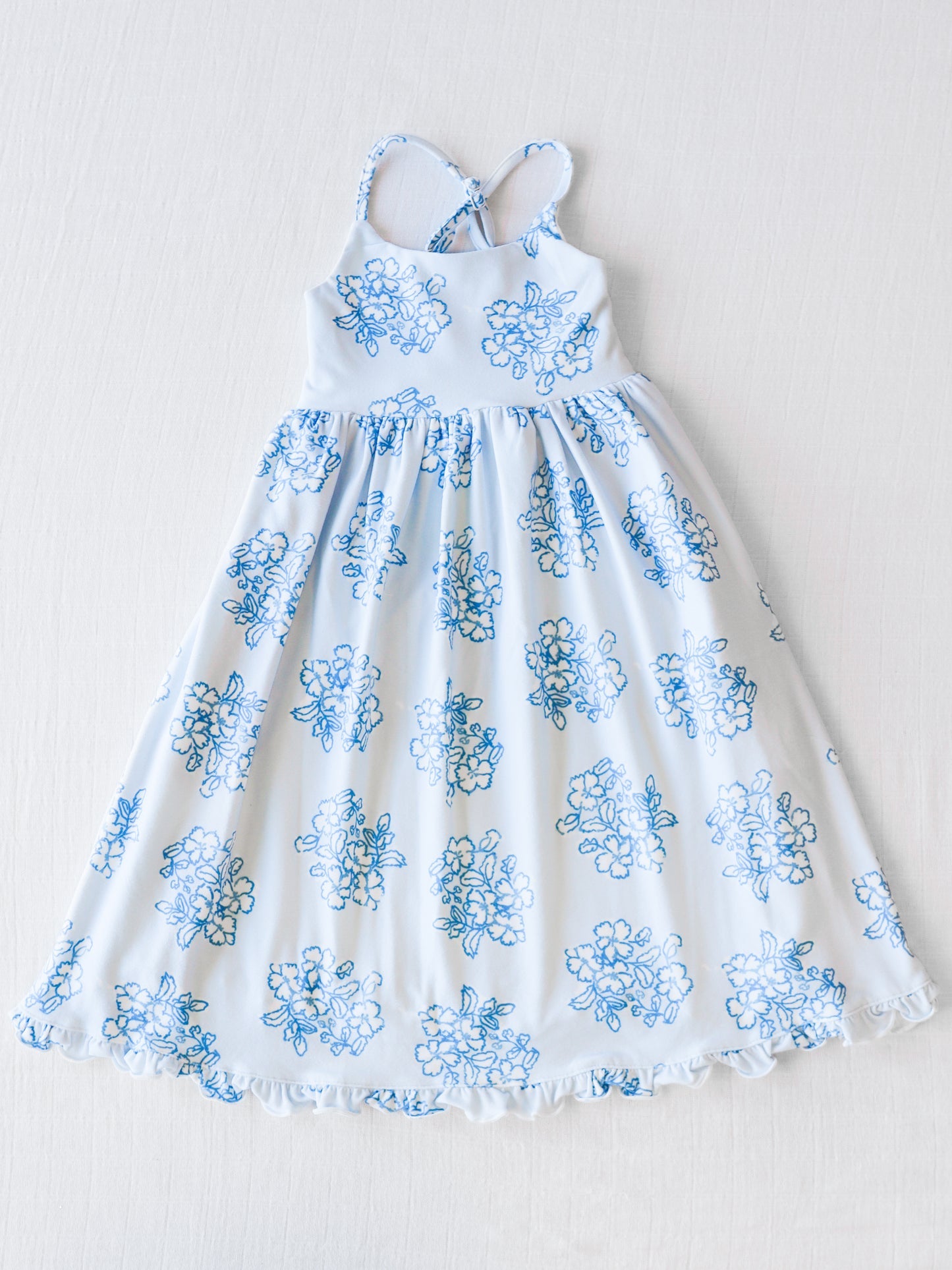 NO.14 (Custom Design Preorder MOQ 5) Blue Flowers Print Girls Ankle Length Summer Dress