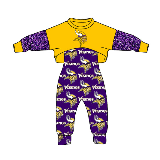 (Custom Design MOQ 5) NO.15 Purple Yellow Football Team's Girls Jumpsuits Clothes Set