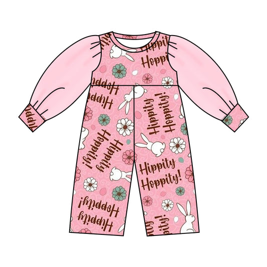 (Custom Design Preorder MOQ 5) NO.15 Rabbit Flowers Plaid Print Tulle Sleeve Girls Easter Jumpsuit