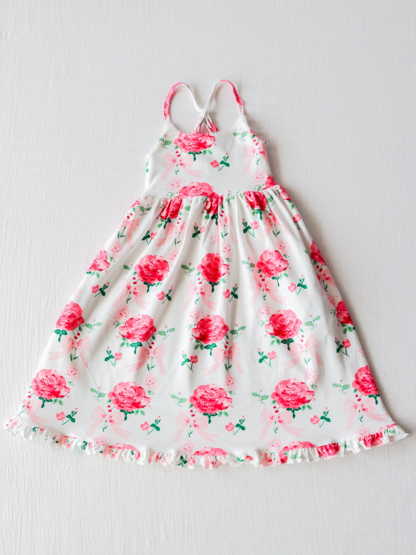 NO.16 (Custom Design Preorder MOQ 5) Bows Flowers Print Girls Ankle Length Summer Dress