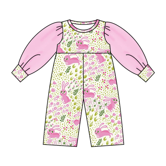 (Custom Design Preorder MOQ 5) NO.16 Rabbit Flowers Print Tulle Sleeve Girls Easter Jumpsuit