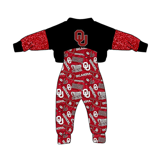 (Custom Design MOQ 5) NO.16 Red Football Team's Girls Jumpsuits Clothes Set