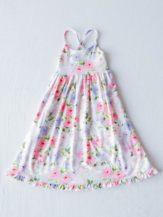 NO.17 (Custom Design Preorder MOQ 5) Flowers Print Girls Ankle Length Summer Dress