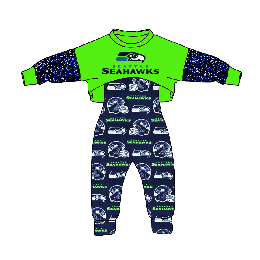 (Custom Design MOQ 5) NO.17 Navy Football Team's Girls Jumpsuits Clothes Set