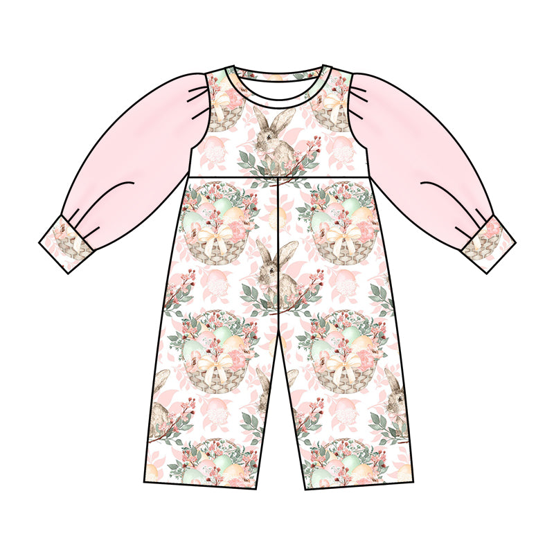 (Custom Design Preorder MOQ 5) NO.17 Rabbit Flowers Egg Print Tulle Sleeve Girls Easter Jumpsuit