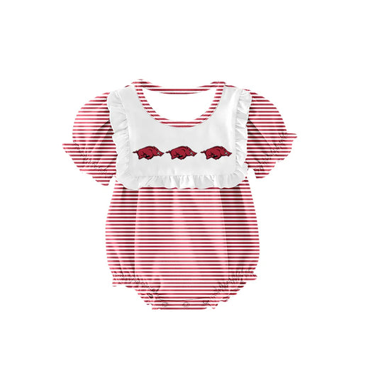 (Custom Design Preorder MOQ 5) Team's Arkansas Stripes Print Baby Girls Summer Bubble Romper