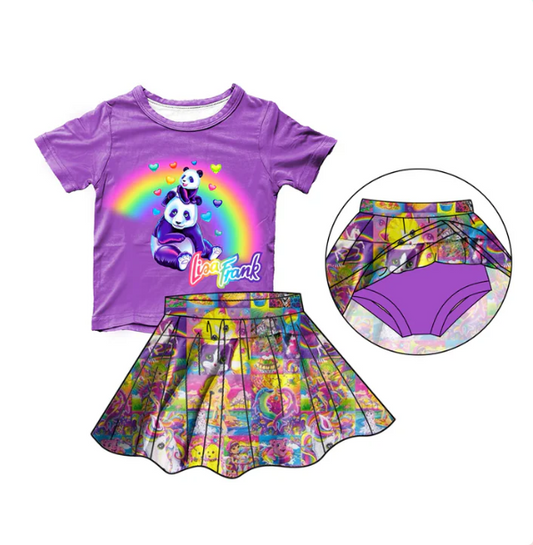 (Custom Design Preorder MOQ 5)  Cartoon Animals Lisa Print Top Skirts With Shorts Girls Summer Clothes Set