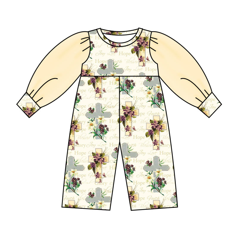 (Custom Design Preorder MOQ 5) NO.18 Cross Flowers Print Tulle Sleeve Girls Easter Jumpsuit