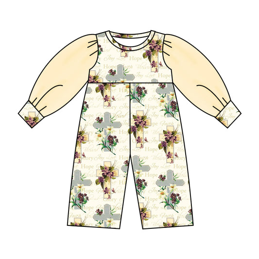 (Custom Design Preorder MOQ 5) NO.18 Cross Flowers Print Tulle Sleeve Girls Easter Jumpsuit