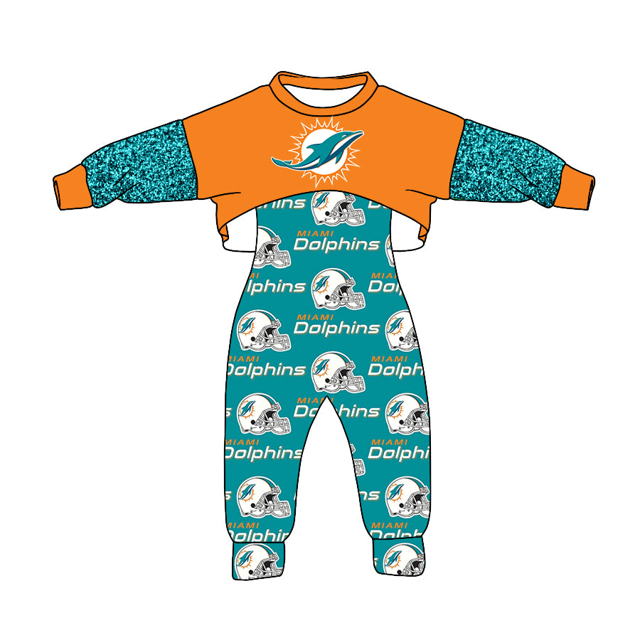 (Custom Design MOQ 5) Green D Football Team's Girls Jumpsuit Clothes Set