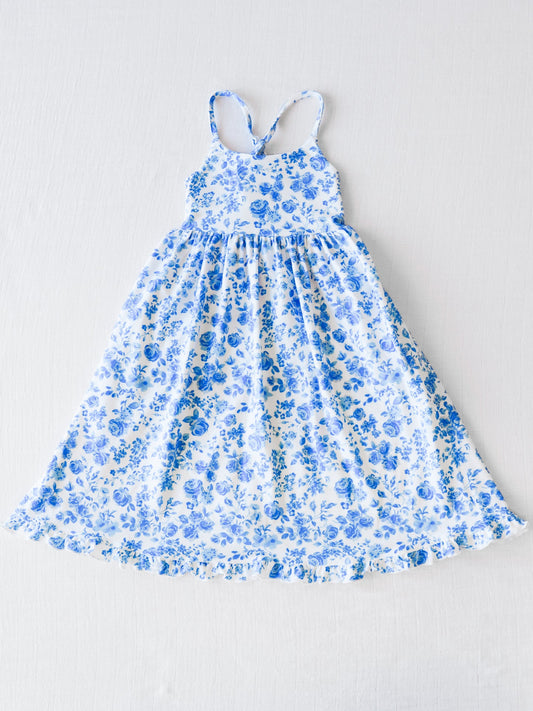 NO.19 (Custom Design Preorder MOQ 5) Blue Flowers Print Girls Ankle Length Summer Dress