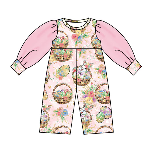 (Custom Design Preorder MOQ 5) NO.19 Bunny Flowers Egg Print Tulle Sleeve Girls Easter Jumpsuit