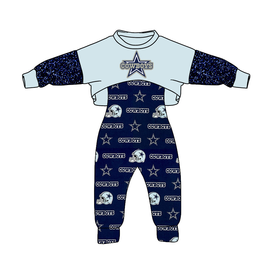 (Custom Design MOQ 5) NO.19 Navy Star Football Team's Girls Jumpsuits Clothes Set