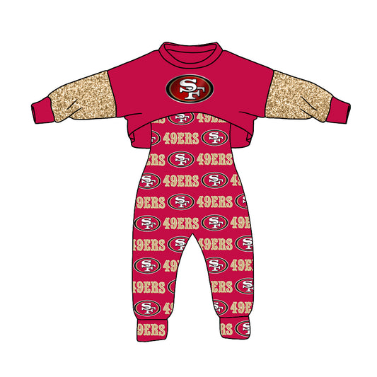 (Custom Design MOQ 5) NO.1 Red SF Football Team's Girls Jumpsuits Clothes Set