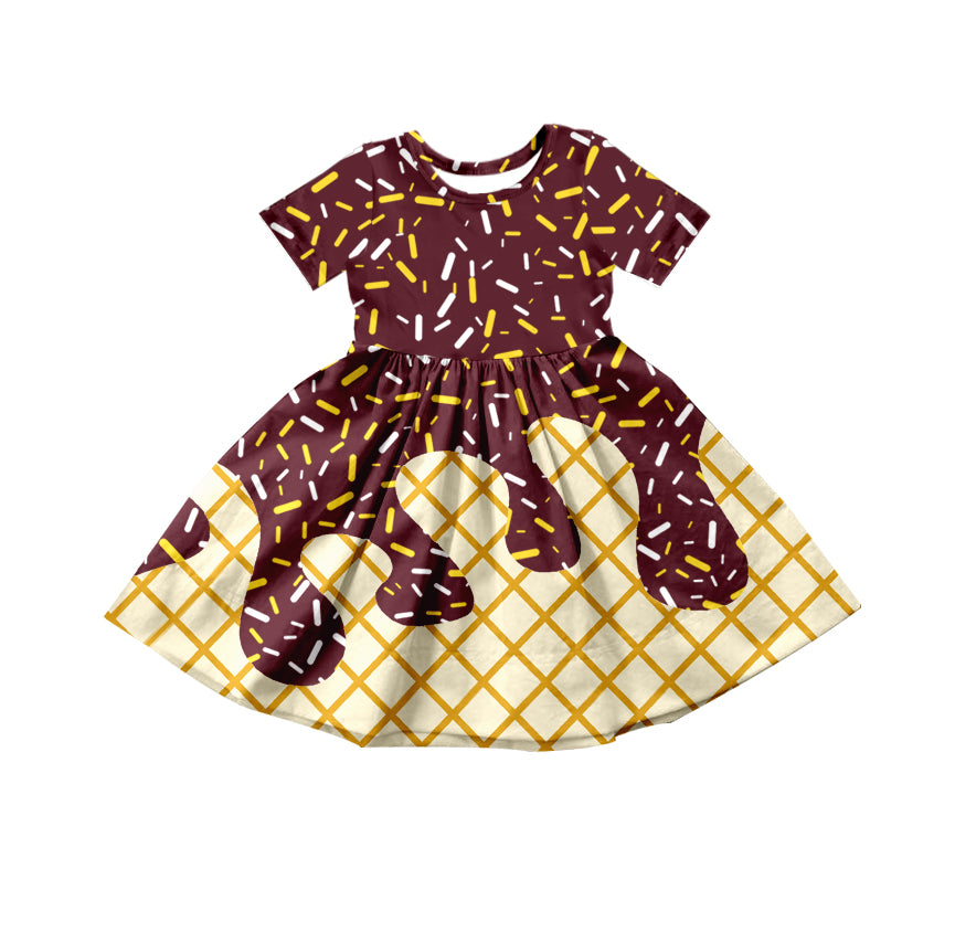 (Custom Design Preorder MOQ 5) Sprinkles Brown Print Girls Summer Knee Length Dress