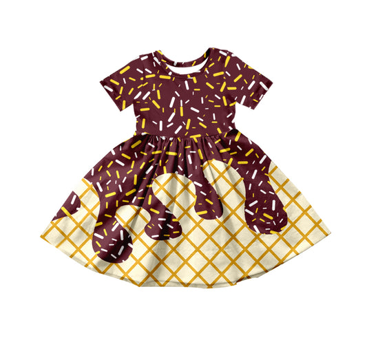 (Custom Design Preorder MOQ 5) Sprinkles Brown Print Girls Summer Knee Length Dress