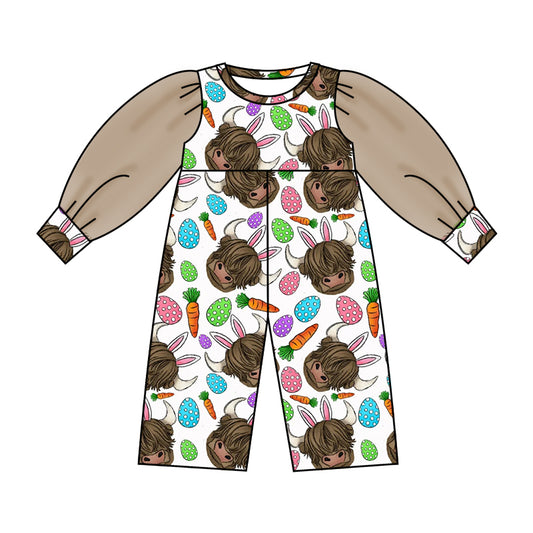 (Custom Design Preorder MOQ 5) NO.1 Highland Cow Rabbit Carrot Print Tulle Sleeve Girls Easter Jumpsuit