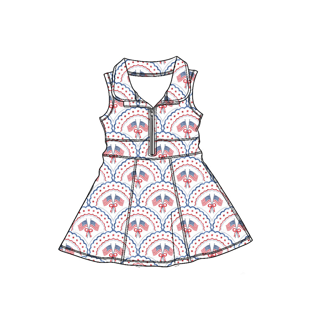 (Custom Design Preorder MOQ 5) Flag Bows Stars Print Zipper Shorts Skirts Girls 4th of July Yoga Dress Sisters Wear