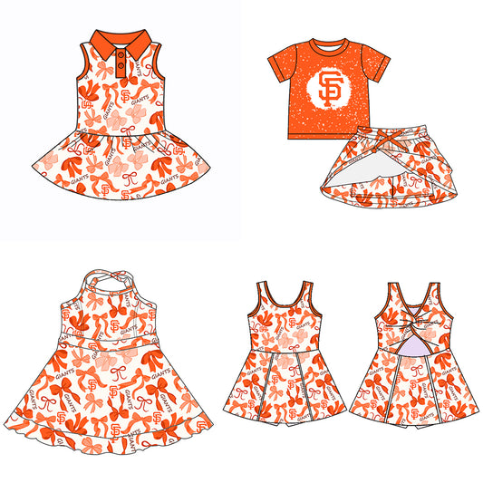 (Custom Design Preorder MOQ 5 Each Color) Team's GIANTS Bows Print Girls Summer Clothes Sisters Matching Wear
