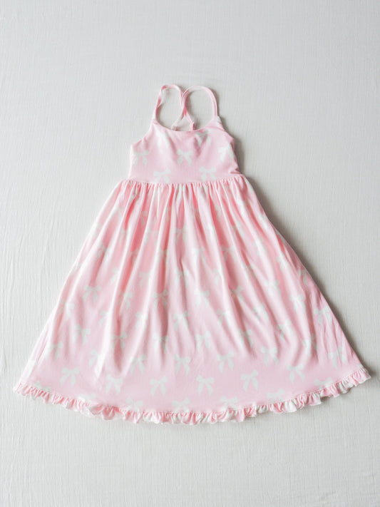 NO.2 (Custom Design Preorder MOQ 5) Pink Bows Print Girls Ankle Length Summer Dress