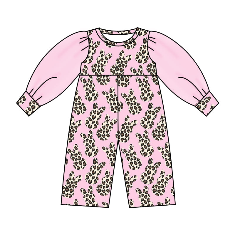 (Custom Design Preorder MOQ 5) NO.20 Leopard Bunny Print Tulle Sleeve Girls Easter Jumpsuit