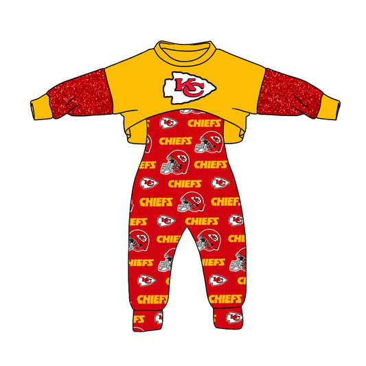 (Custom Design MOQ 5)  NO.20 Red Yellow Football Team's Girls Jumpsuits Clothes Set