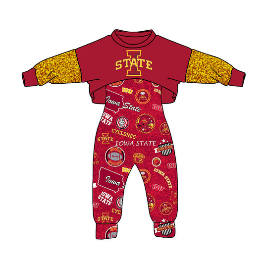 (Custom Design MOQ 5) NO.21 Dark Red Football Team's Girls Jumpsuits Clothes Set