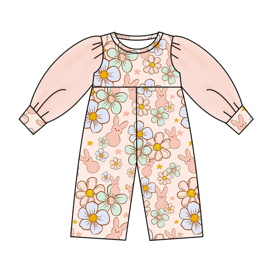 (Custom Design Preorder MOQ 5) NO.21 Flowers Bunny Print Tulle Sleeve Girls Easter Jumpsuit