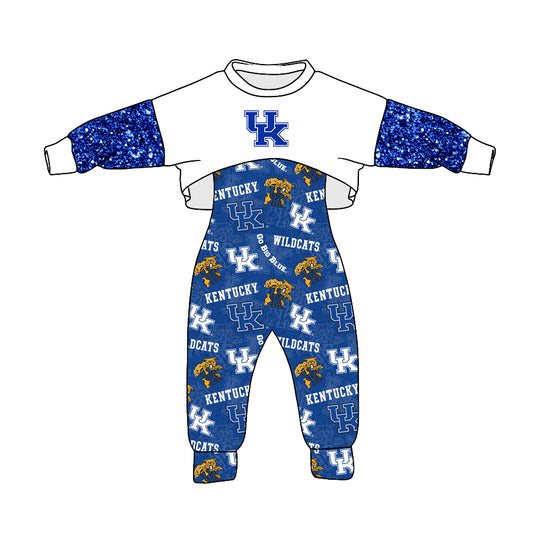 (Custom Design MOQ 5)  NO.1 Blue Football Team's Print Girls Jumpsuits Clothes Set