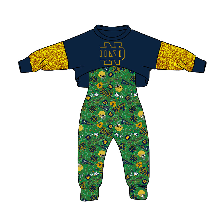 (Custom Design MOQ 5) NO.22 Green Navy Football Team's Girls Jumpsuits Clothes Set