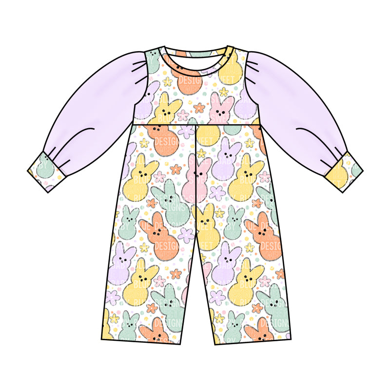 (Custom Design Preorder MOQ 5) NO.22 Flowers Colorful Bunny Print Tulle Sleeve Girls Easter Jumpsuit