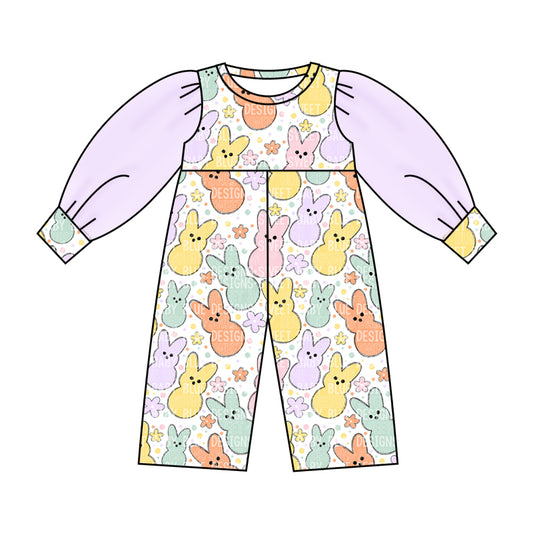 (Custom Design Preorder MOQ 5) NO.22 Flowers Colorful Bunny Print Tulle Sleeve Girls Easter Jumpsuit